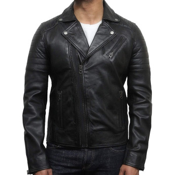 Mens Biker Leather Jacket Stylish ziped Look Black - Grady